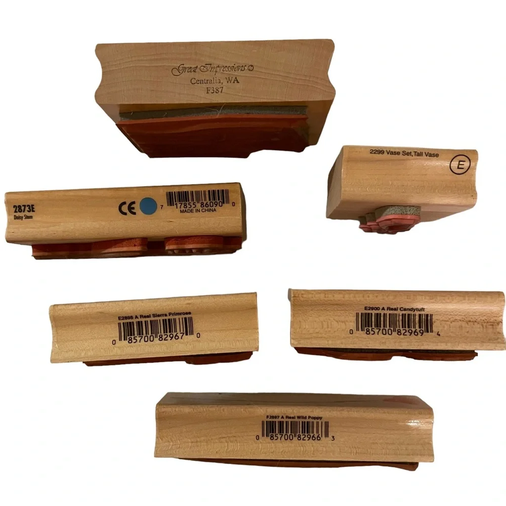Flowers Stylish Real Impressions 6 Wood Block Rubber Stamps Medium Mixed Lot